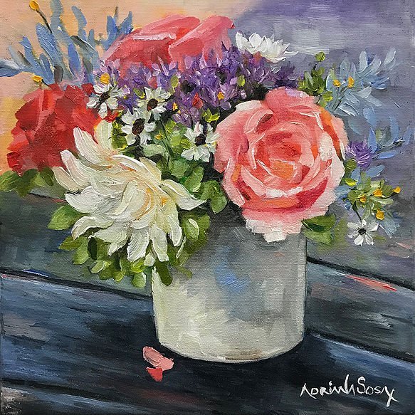 "En una sobremesa". Óleo sobre tela 25 x 25 cm.