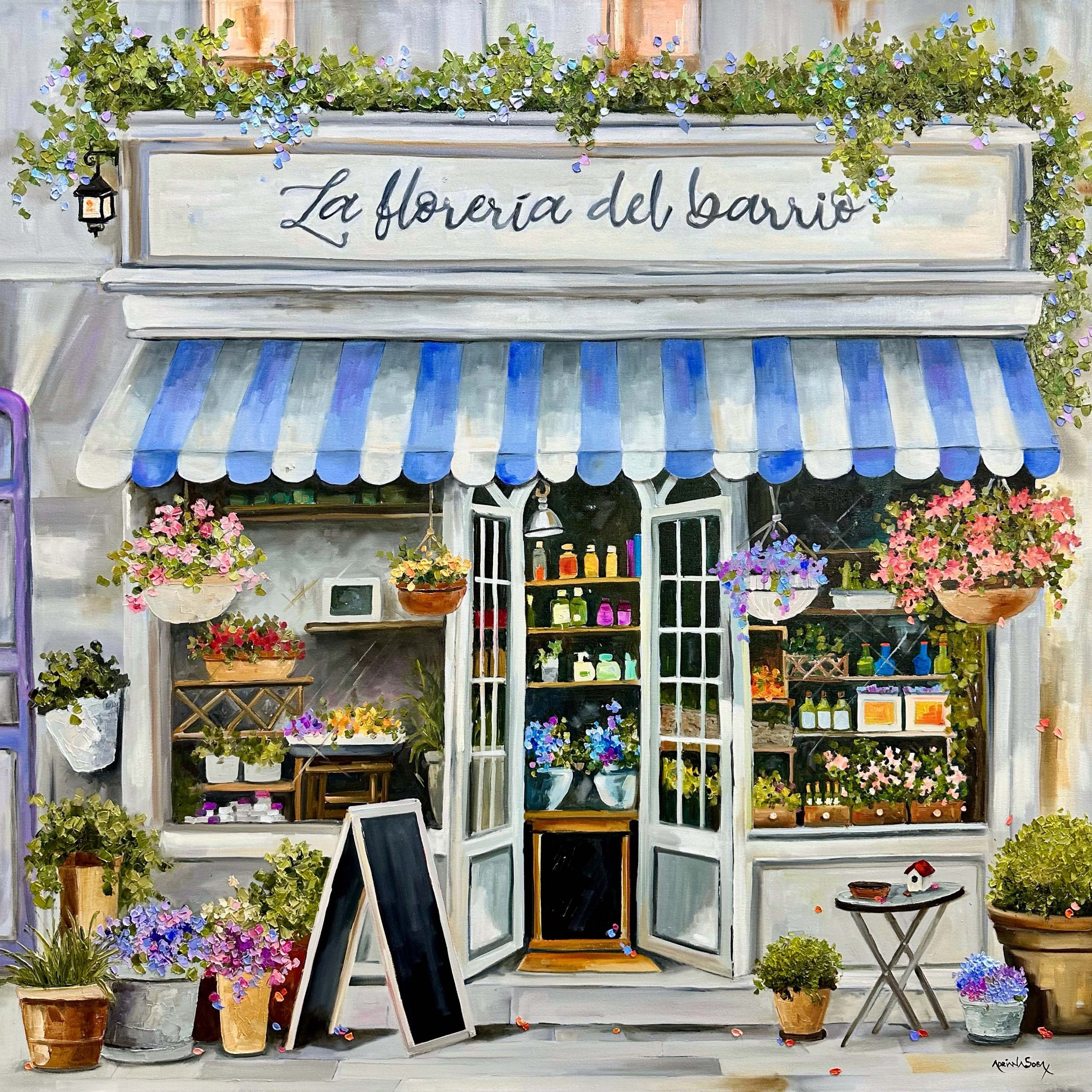 "La floreria del barrio". Óleo sobre tela, técnica espátula, 120x60 cm. 