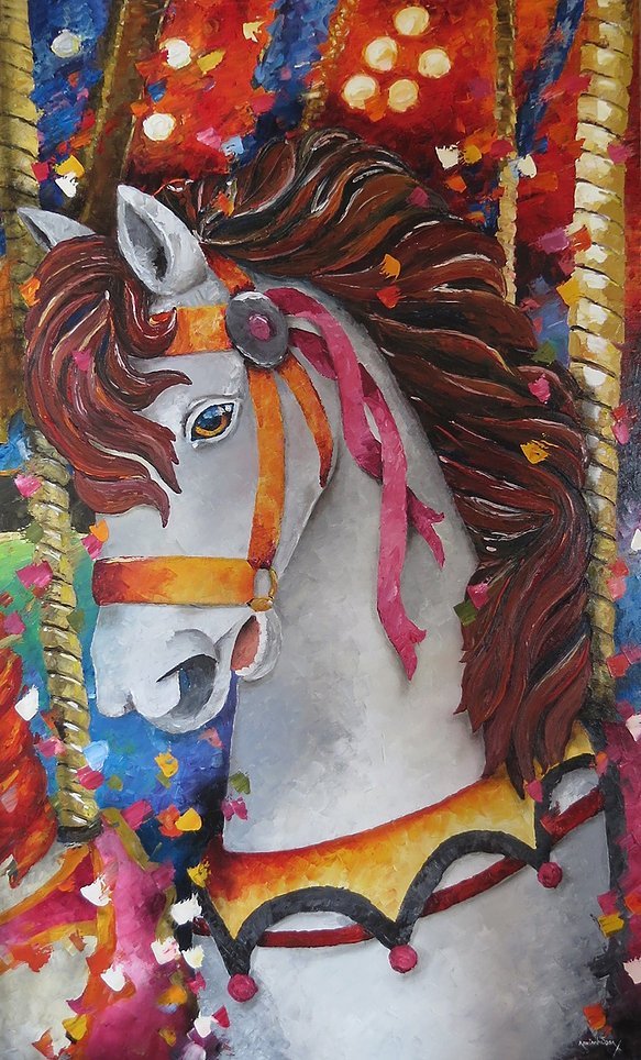 "El carrusel de la felicidad" Óleo sobre tela, técnica espátula 70 x 120 cm.