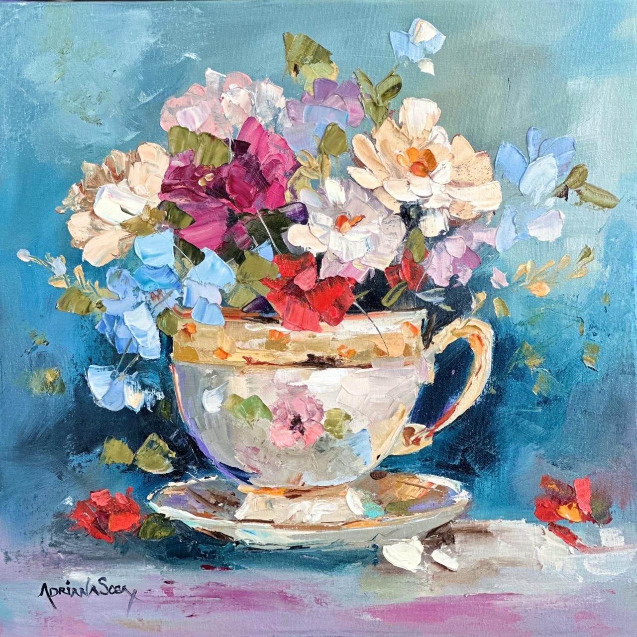 "Tazas de flores B". Óleo sobre tela, técnica empaste 30 x 30 cm.