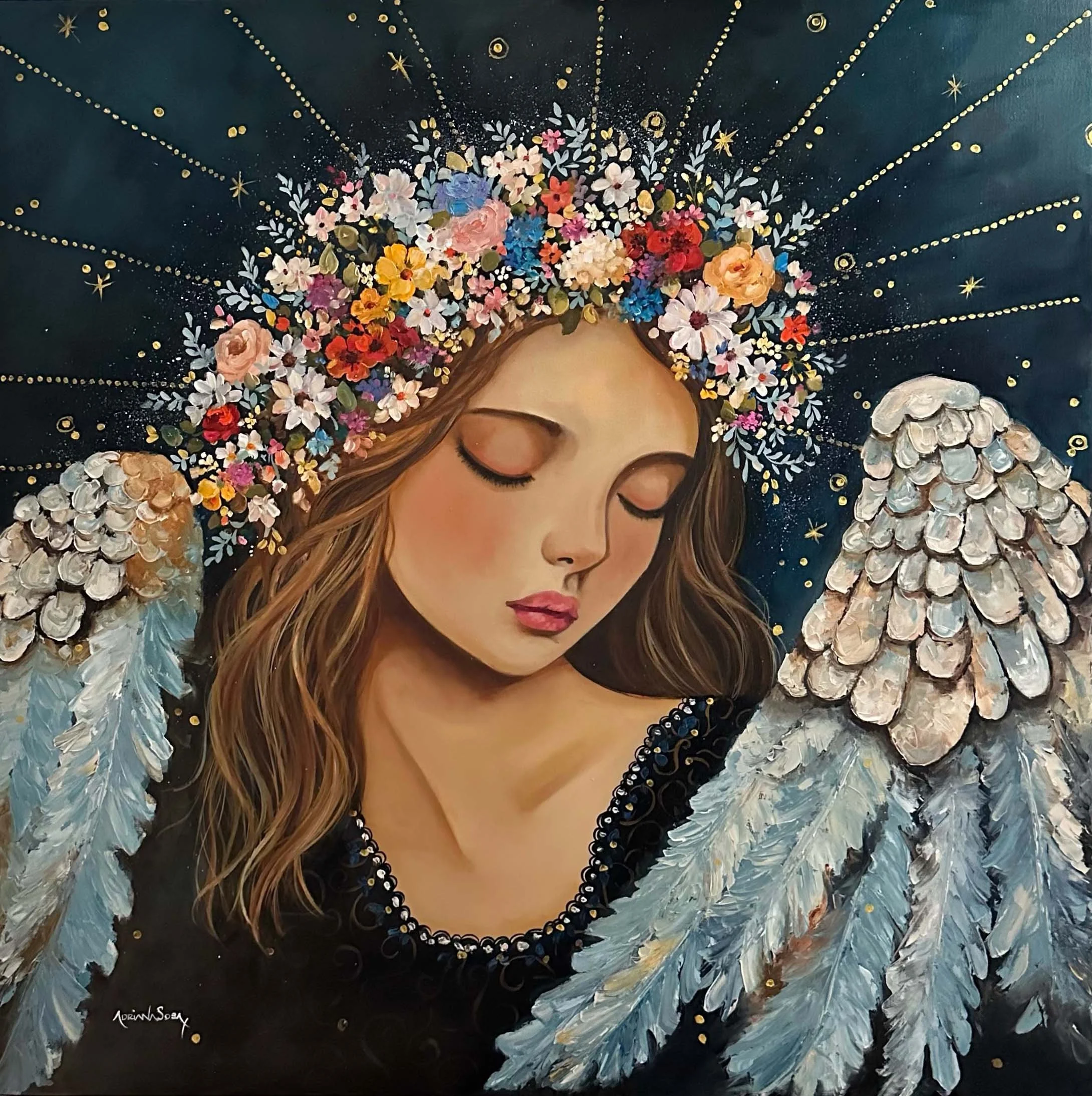 "Cuidando". Óleo sobre tela, técnica mixta, 80x80 cm. 