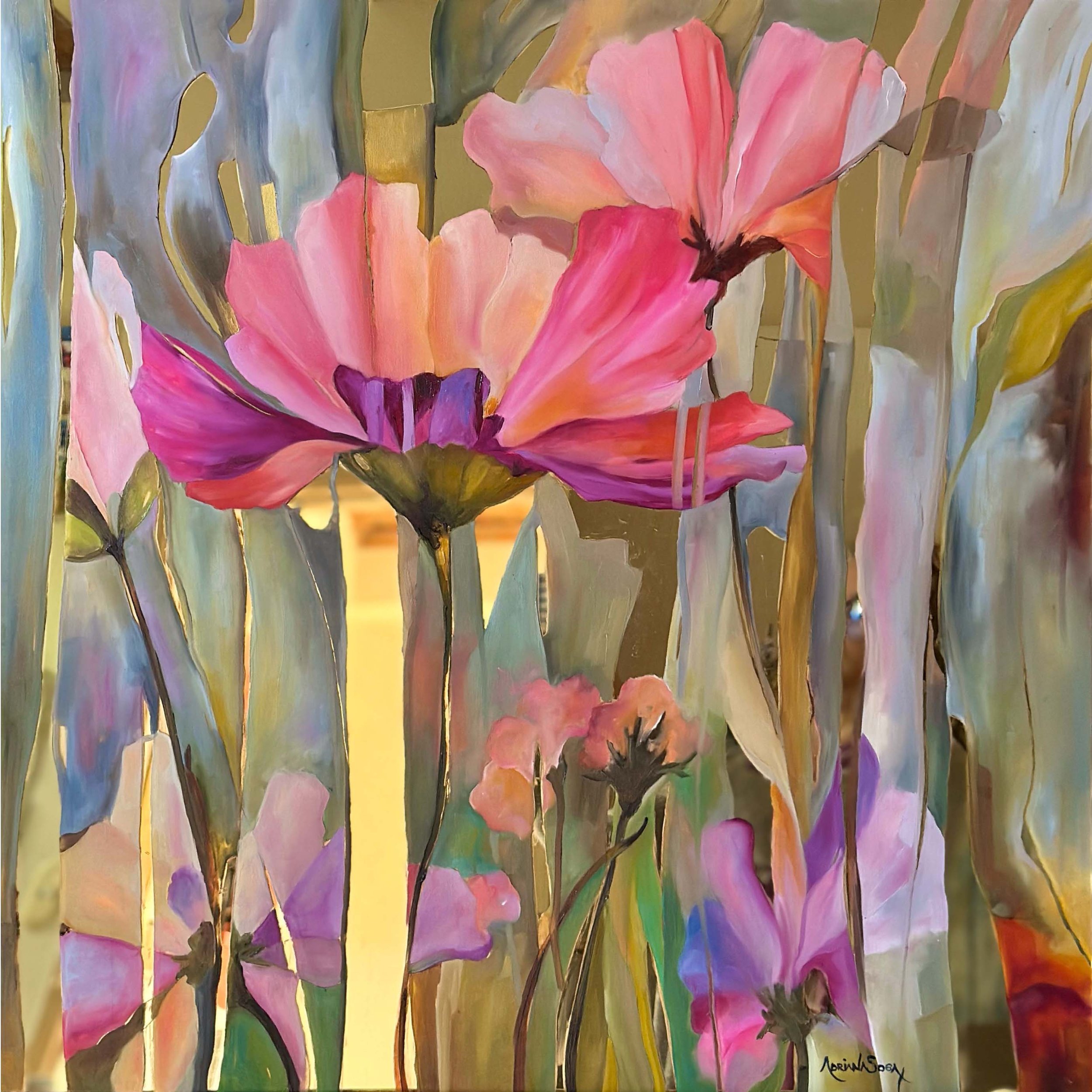 "Secreto en rosa". Óleo sobre plexiglas dorado, 60x60 cm. 