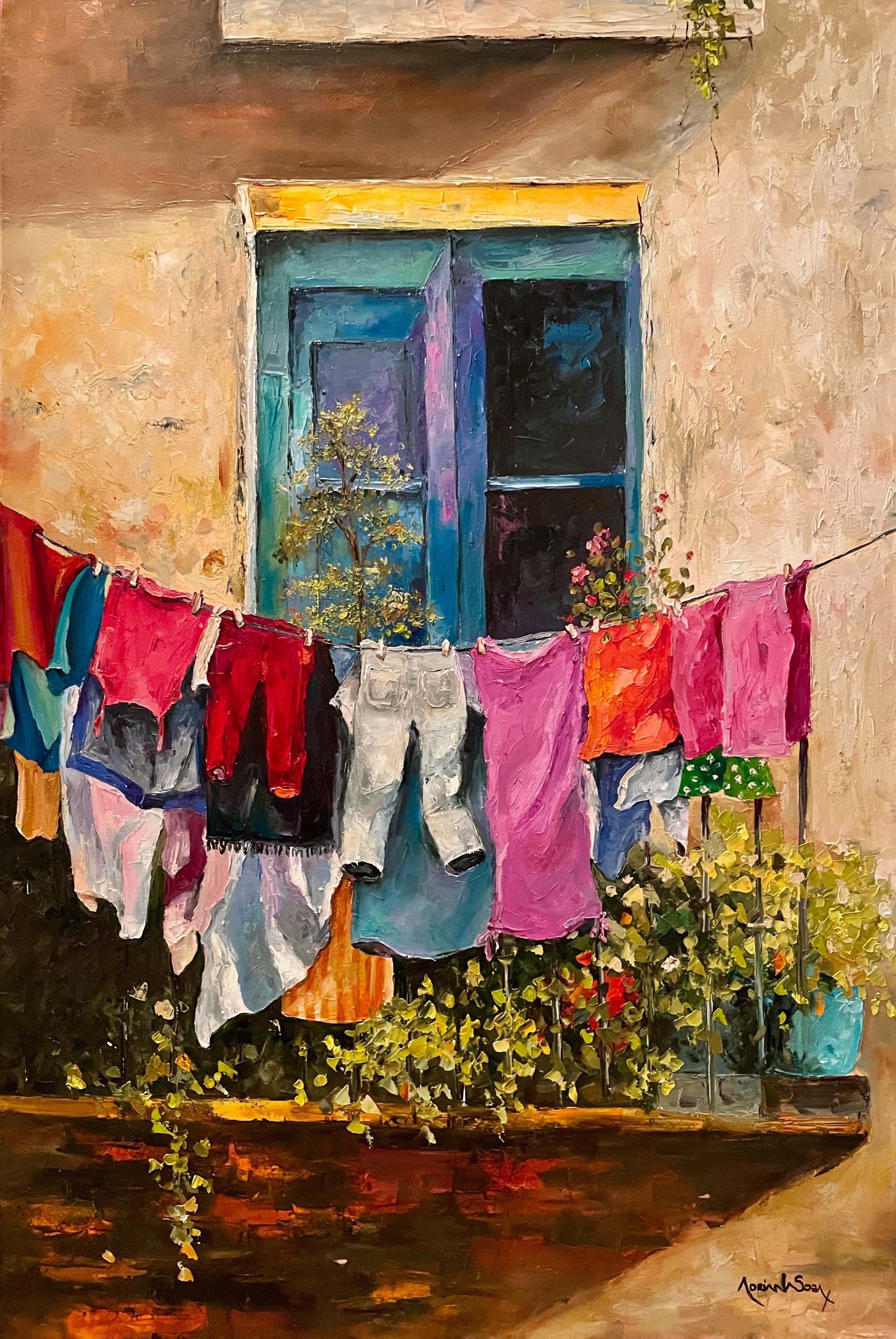 "Los trapitos al sol". Óleo sobre tela, técnica espátula, 60x90 cm. 