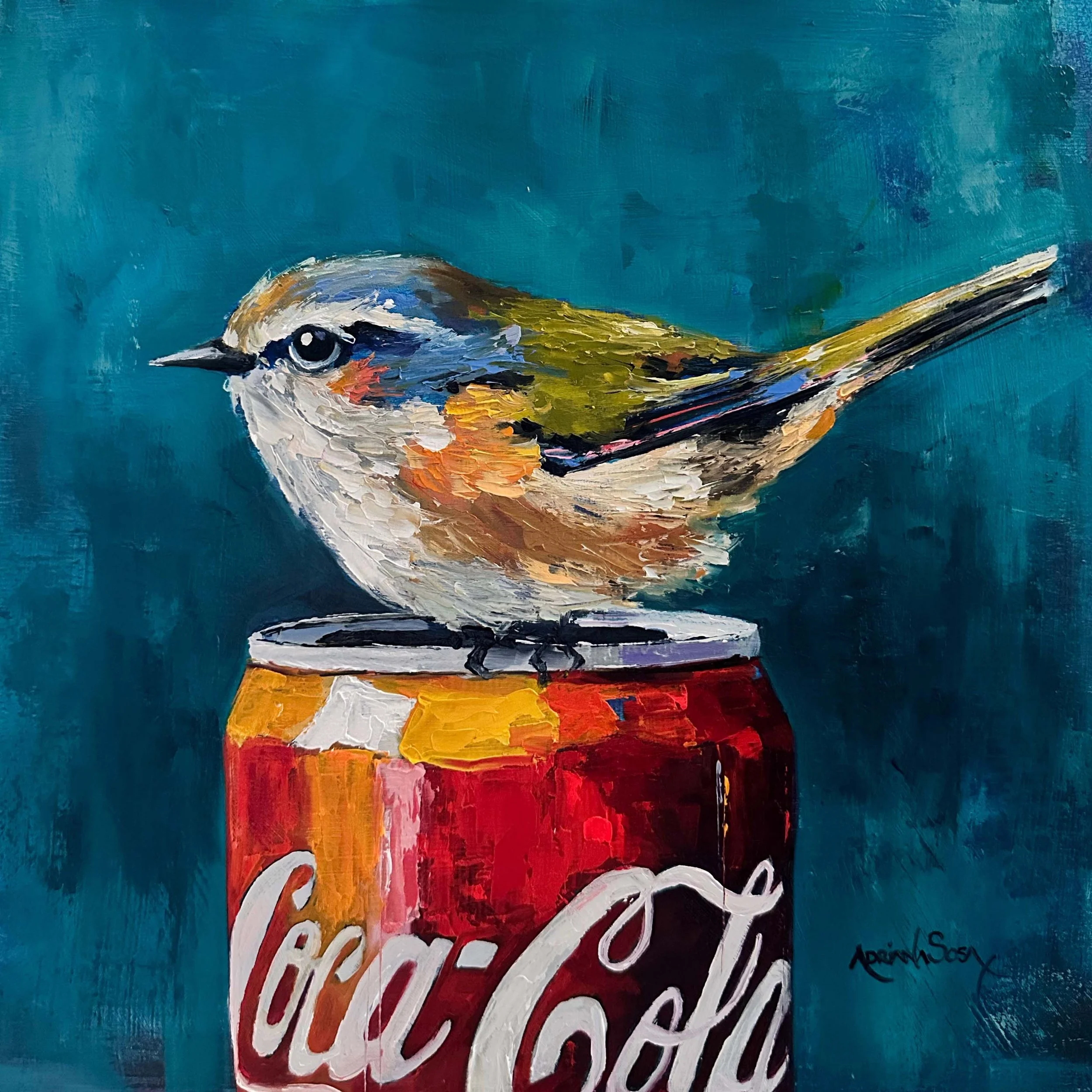 "Refrescando", Óleo sobre madera, técnica espátula, 30x30 cm. 