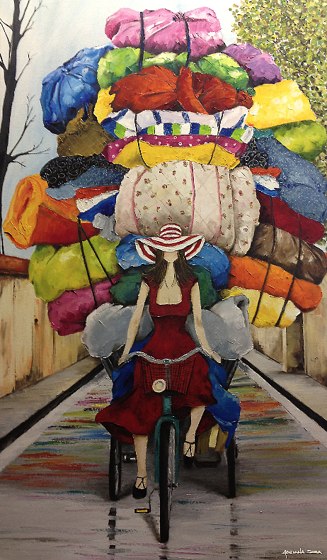 "Feliz Entrega a Domicilio" Óleo sobre tela, técnica mixta- espátula 70 x 120 cm.