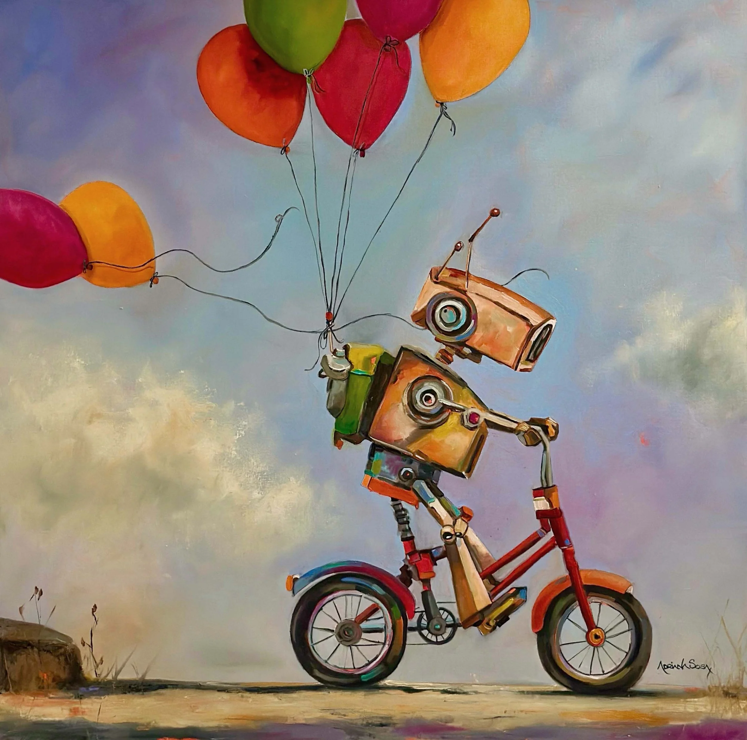 "Andar en Bici". Óleo sobre tela, 60x60 cm. 