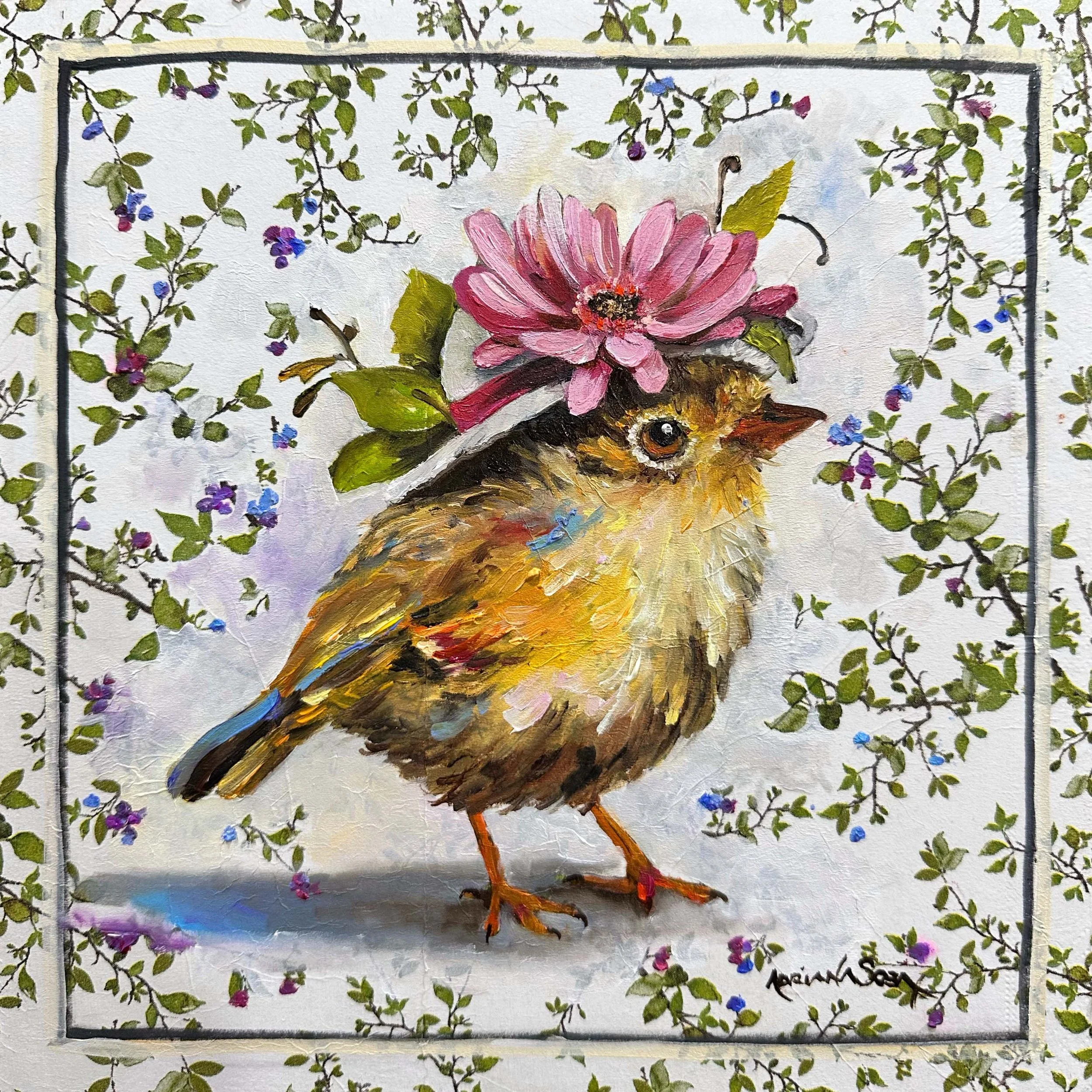 "Pajarraco II". Óleo sobre madera y servilleta, 25x25 cm.