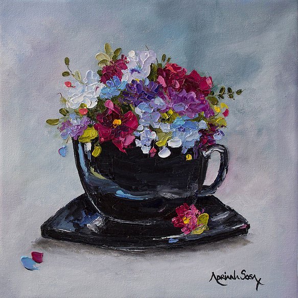 "Taza negra". Óleo sobre tela, técnica espátula 25 x 25 cm.