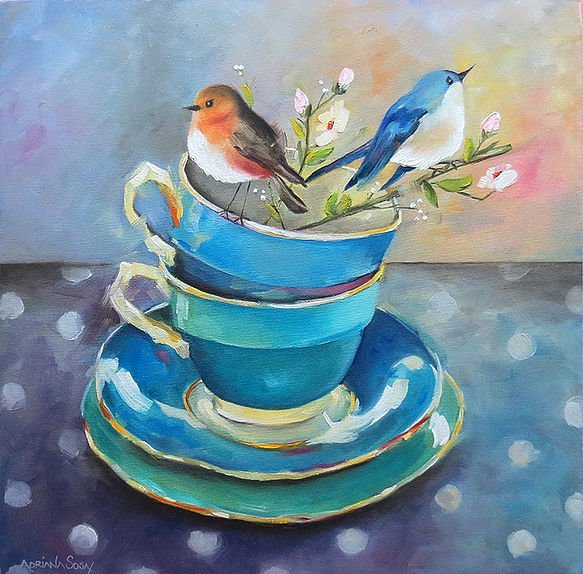 "Reunión al té". Óleo sobre tela 40 x 40 cm.