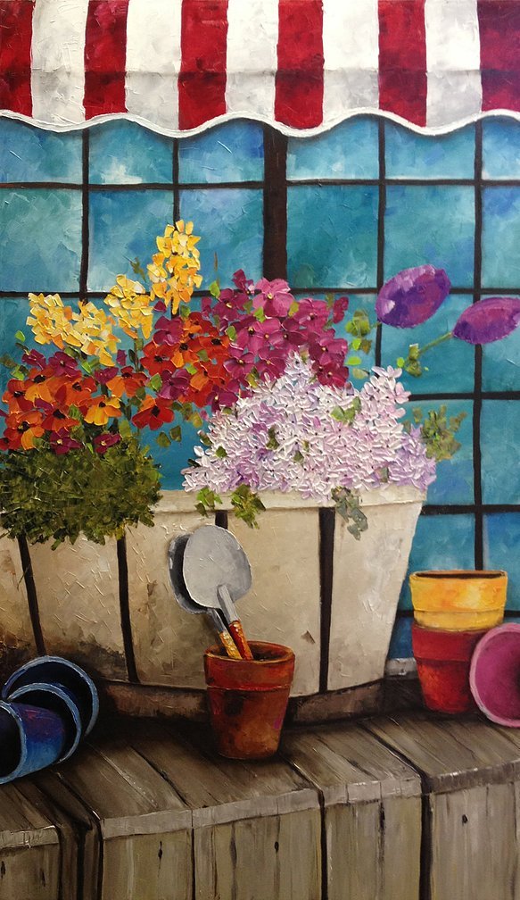 "La ventana y las flores". Óleo sobre tela 70 x 120 cm.