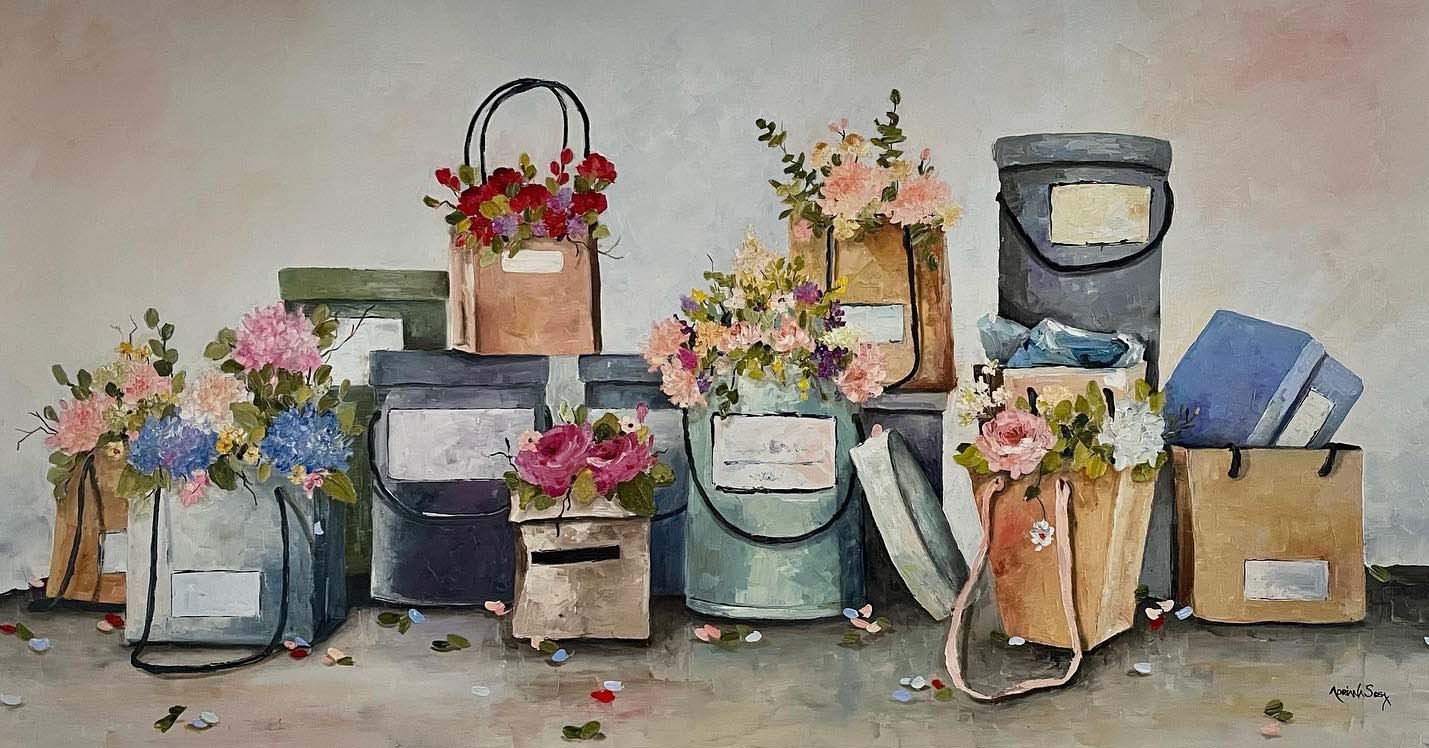 "Grises románticos". Óleo sobre tela, técnica espátula, 60x120 cm. 