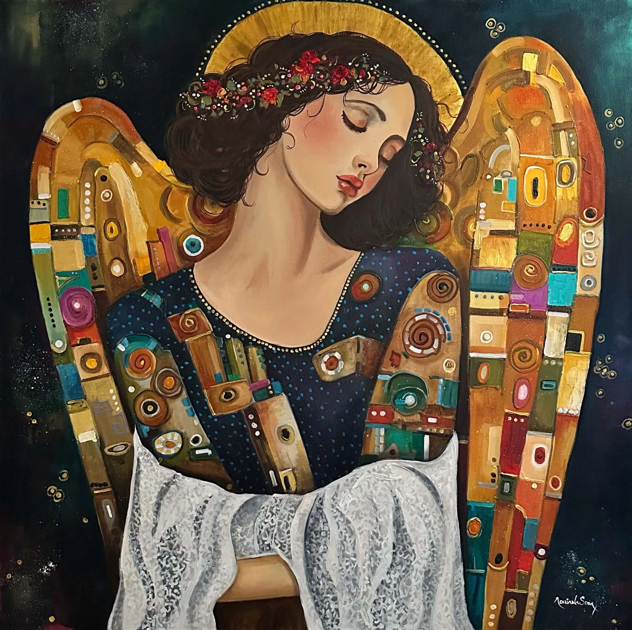 "Cuidando II". Óleo sobre tela, técnica mixta, 80x80 cm. 