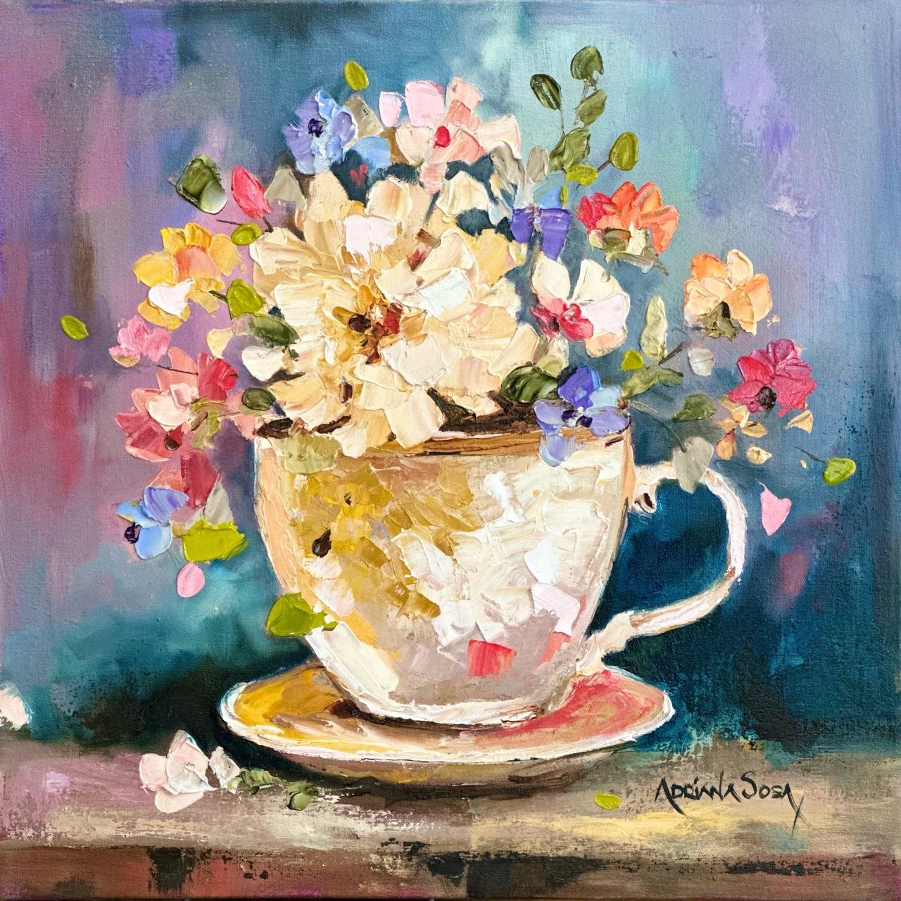 "Tazas de flores A". Óleo sobre tela, técnica empaste 30 x 30 cm.