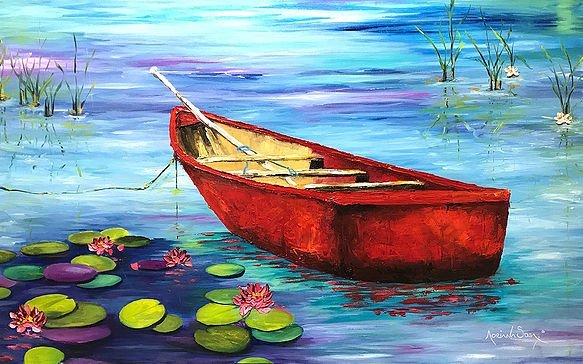 "El estanque". Óleo sobre tela, técnica mixta 80 x 50 cm.