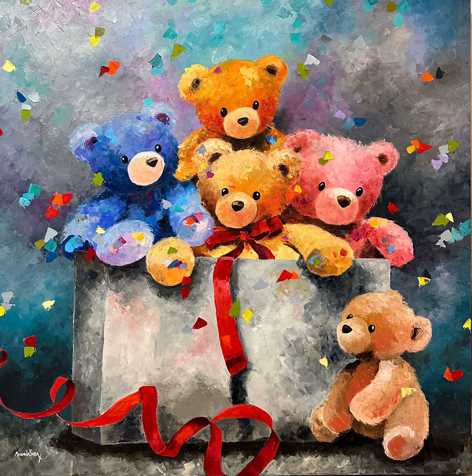 Colección Teddy "El regalo". Óleo sobre tela, técnica empaste 30 x 30 cm.