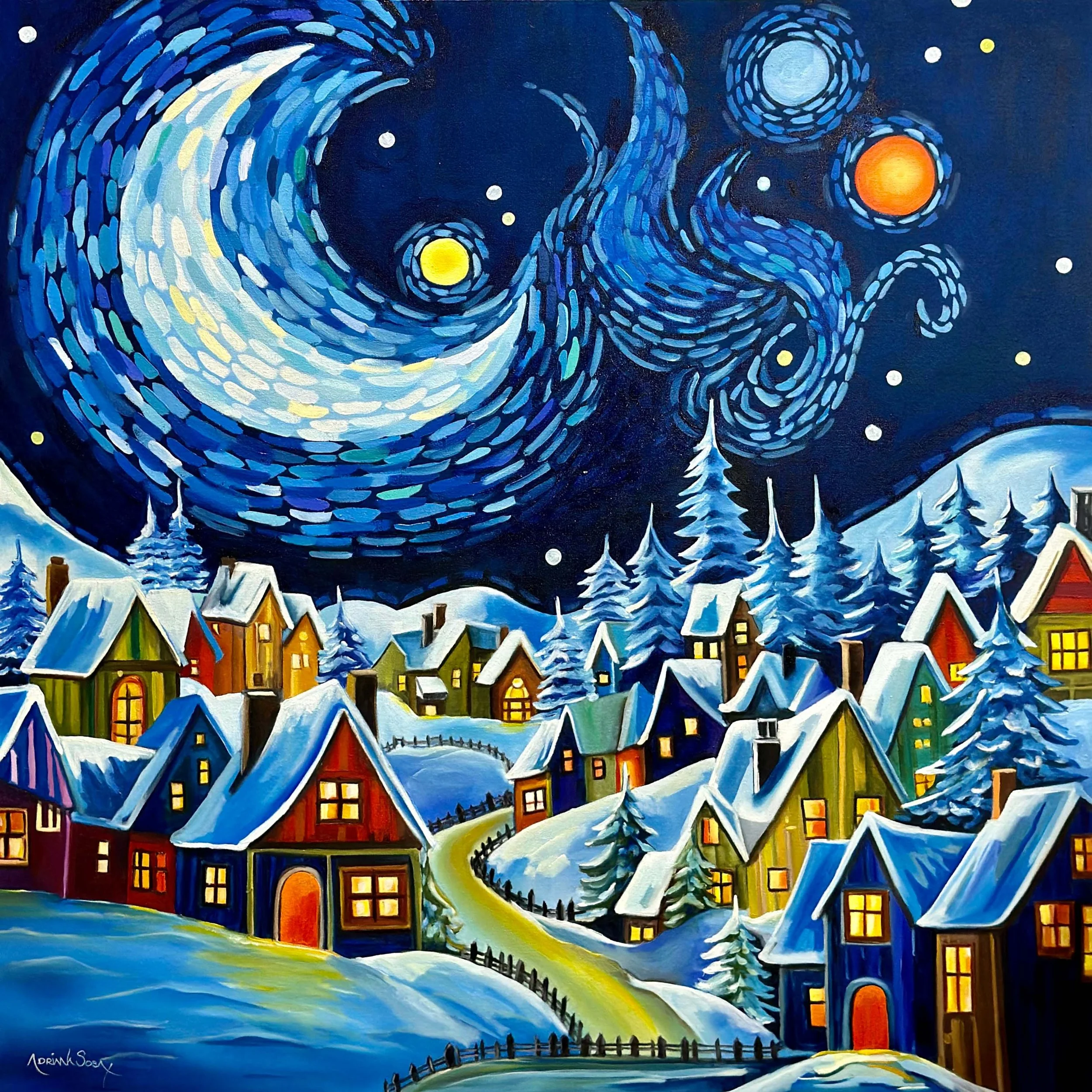 "Villa navideña". Óleo sobre tela, 100x100 cm.