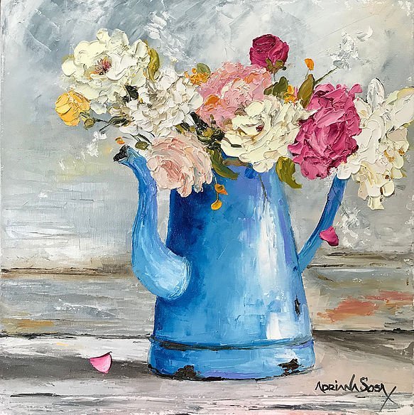 "Té de flores". Óleo sobre tela, técnica espátula 30 x 30 cm.