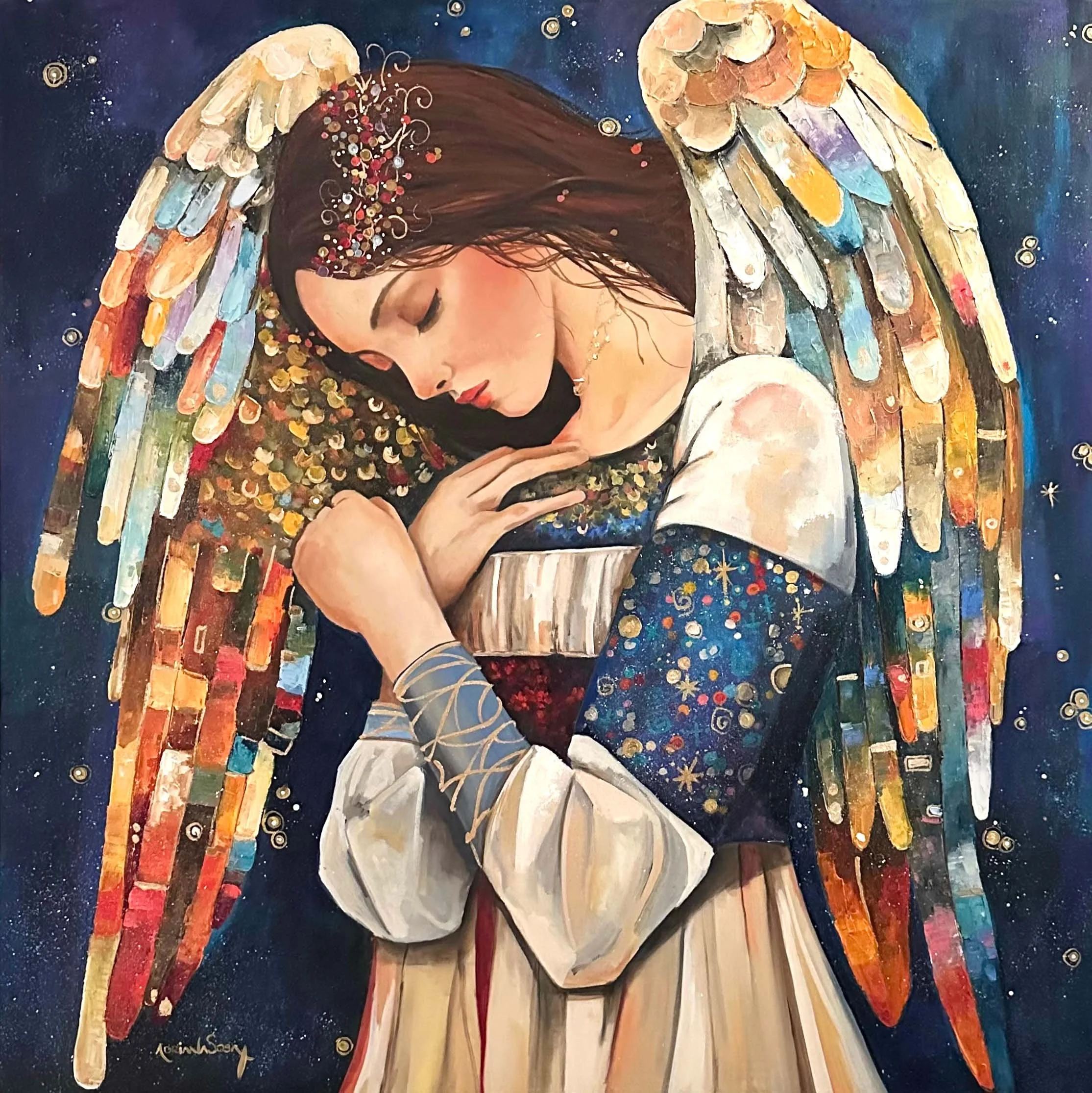 "Protegiendo". Óleo sobre tela, técnica mixta, 80x80 cm. 