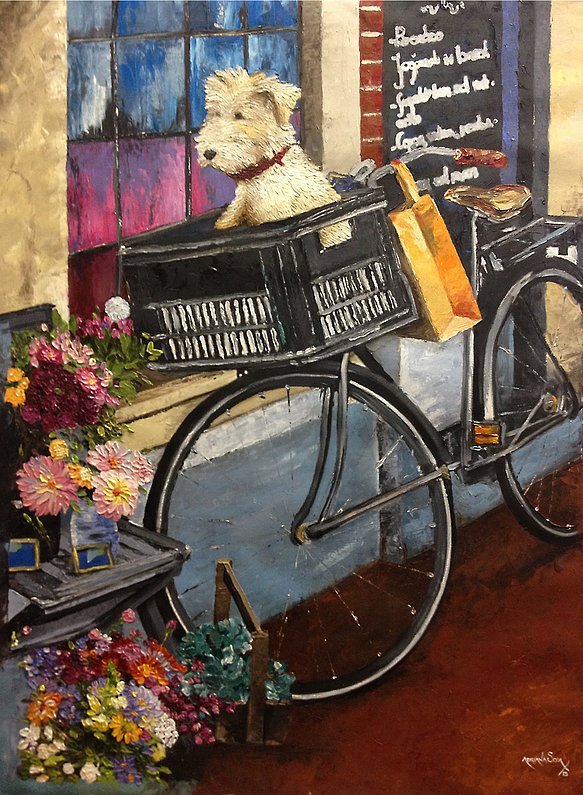 "Lo que vio el perro en el callejón de las flores". Óleo sobre tela, técnica espátula 60 x 90 cm.