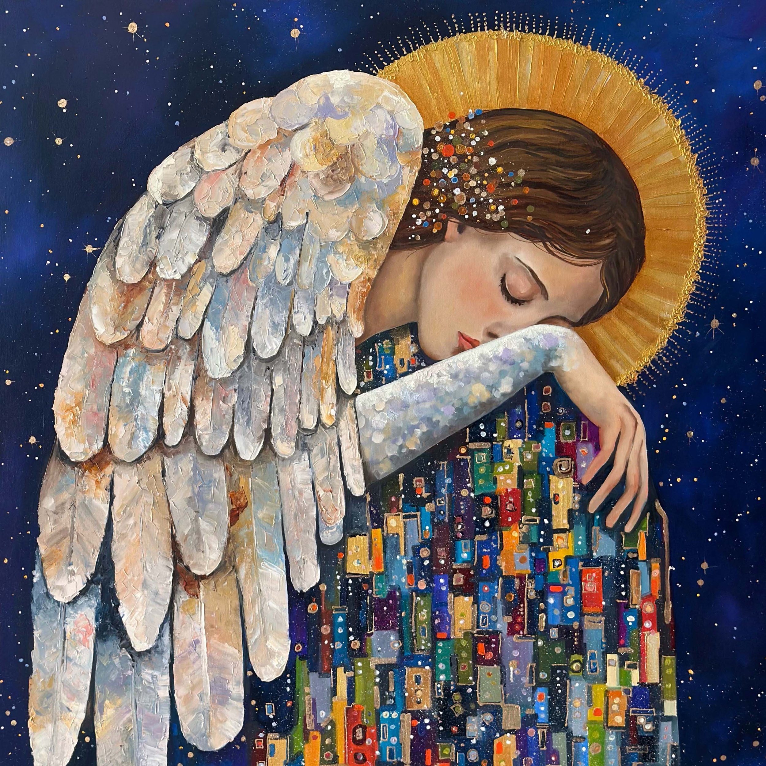 "Ángel de la guarda". Óleo sobre tela, técnica mixta, 80x80 cm. 