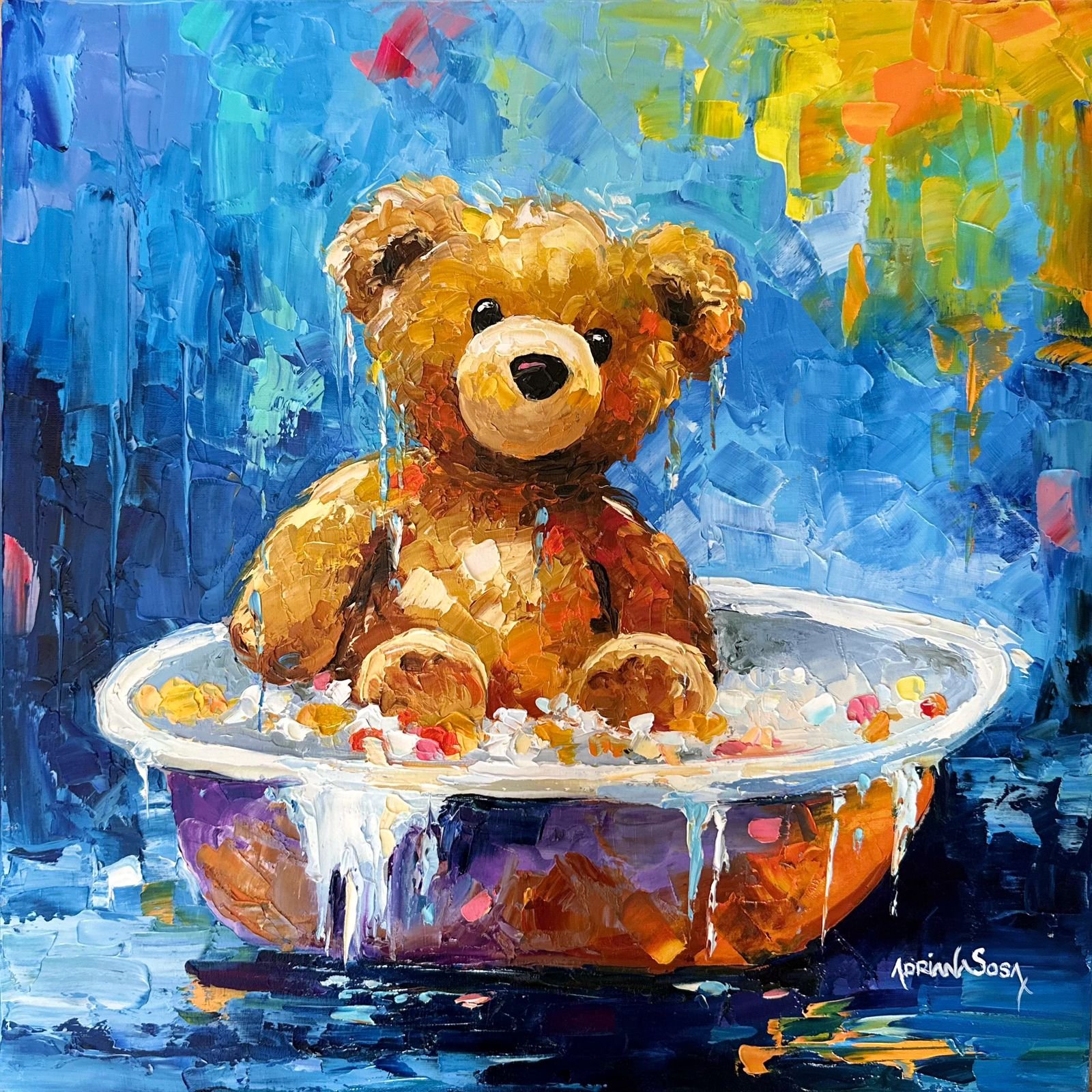 Colección Teddy "Tomando el baño". Óleo sobre tela, técnica empaste 30 x 30 cm.