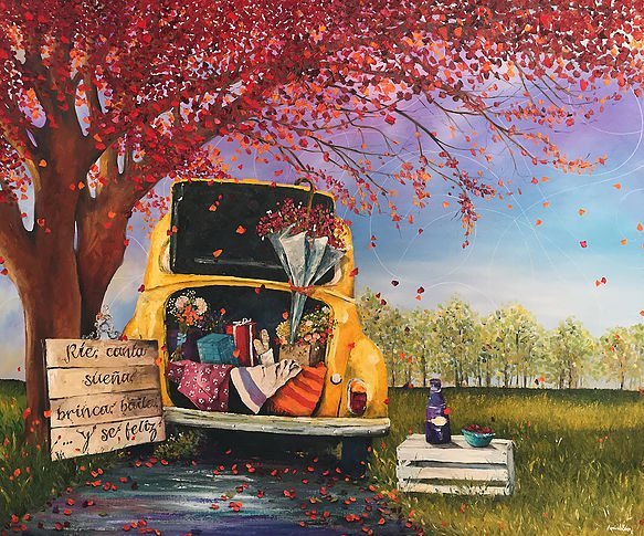 "Ríe, canta, sueña, brinca, baila... y se feliz. Óleo sobre tela 120 x 100 cm.