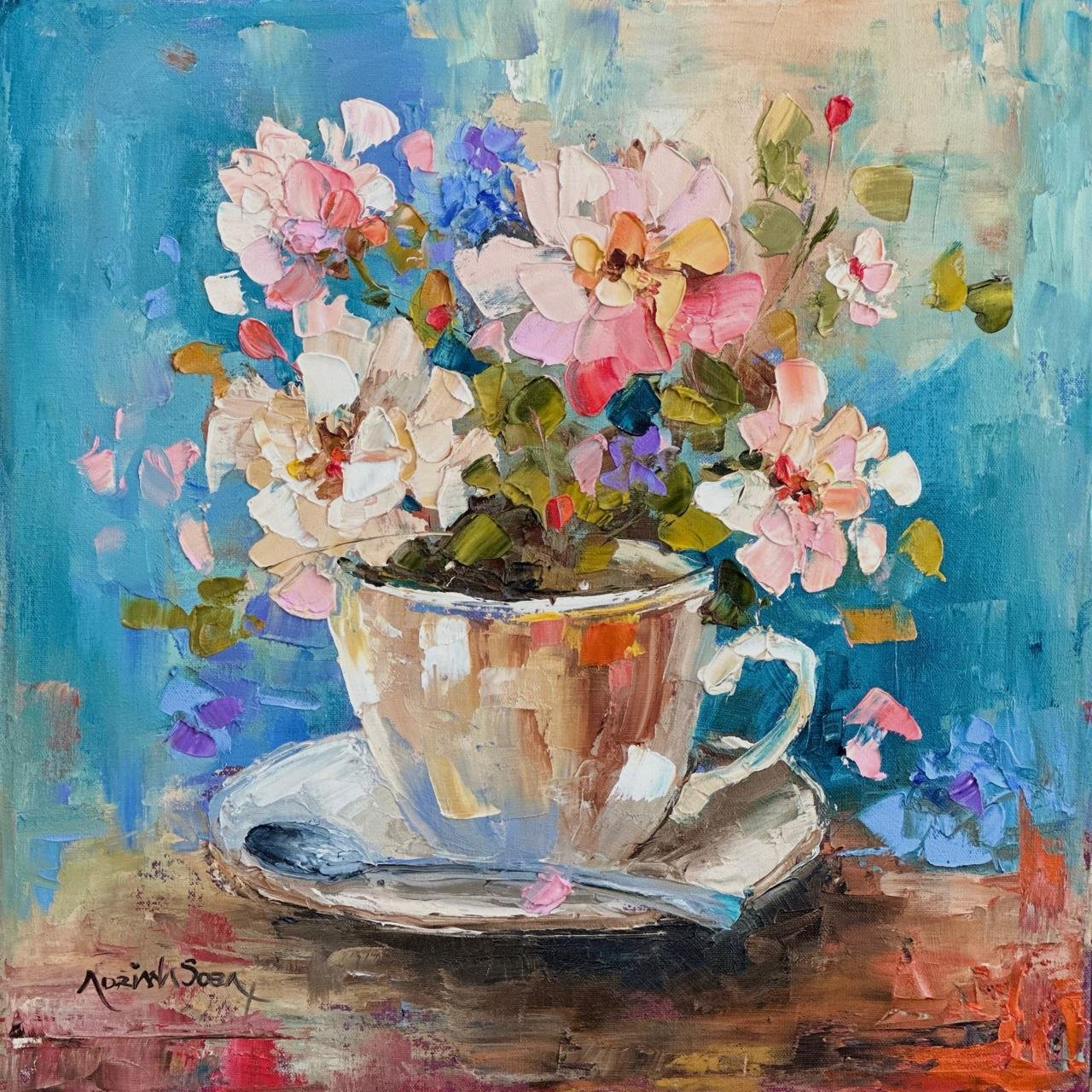 "Tazas de flores C". Óleo sobre tela, técnica empaste 30 x 30 cm.