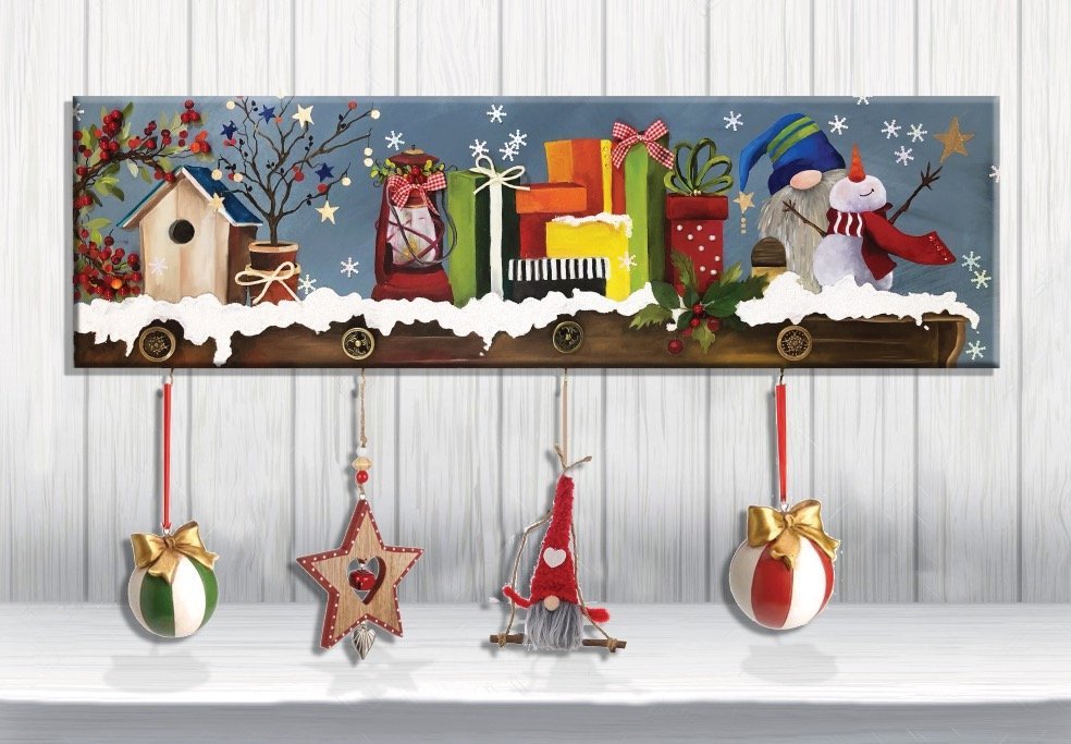 "Encanto de Navidad" Una obra con elementos 3D para incluir tus decoraciones navideñas favoritas. 60x120 cm.