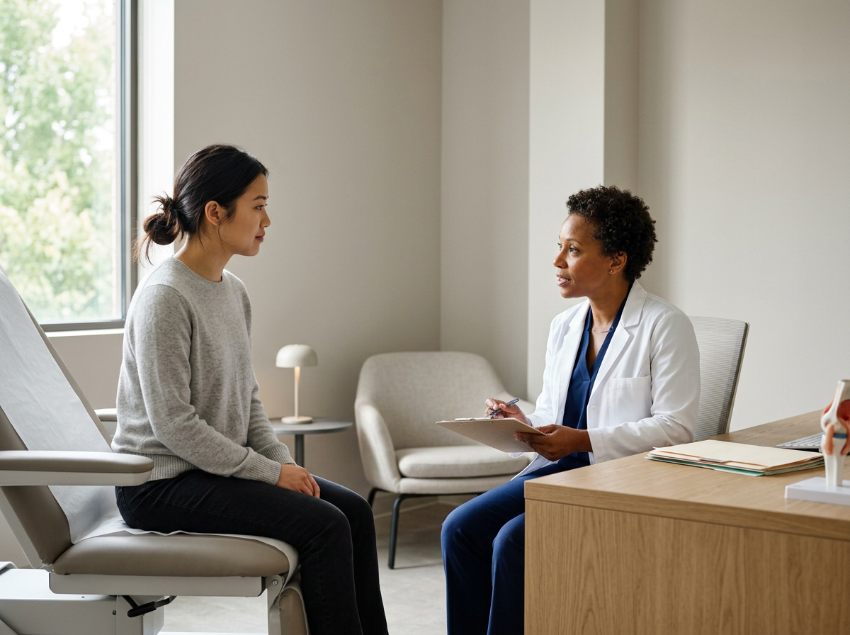 A doctor having a consultation with a female patient in a medical office.