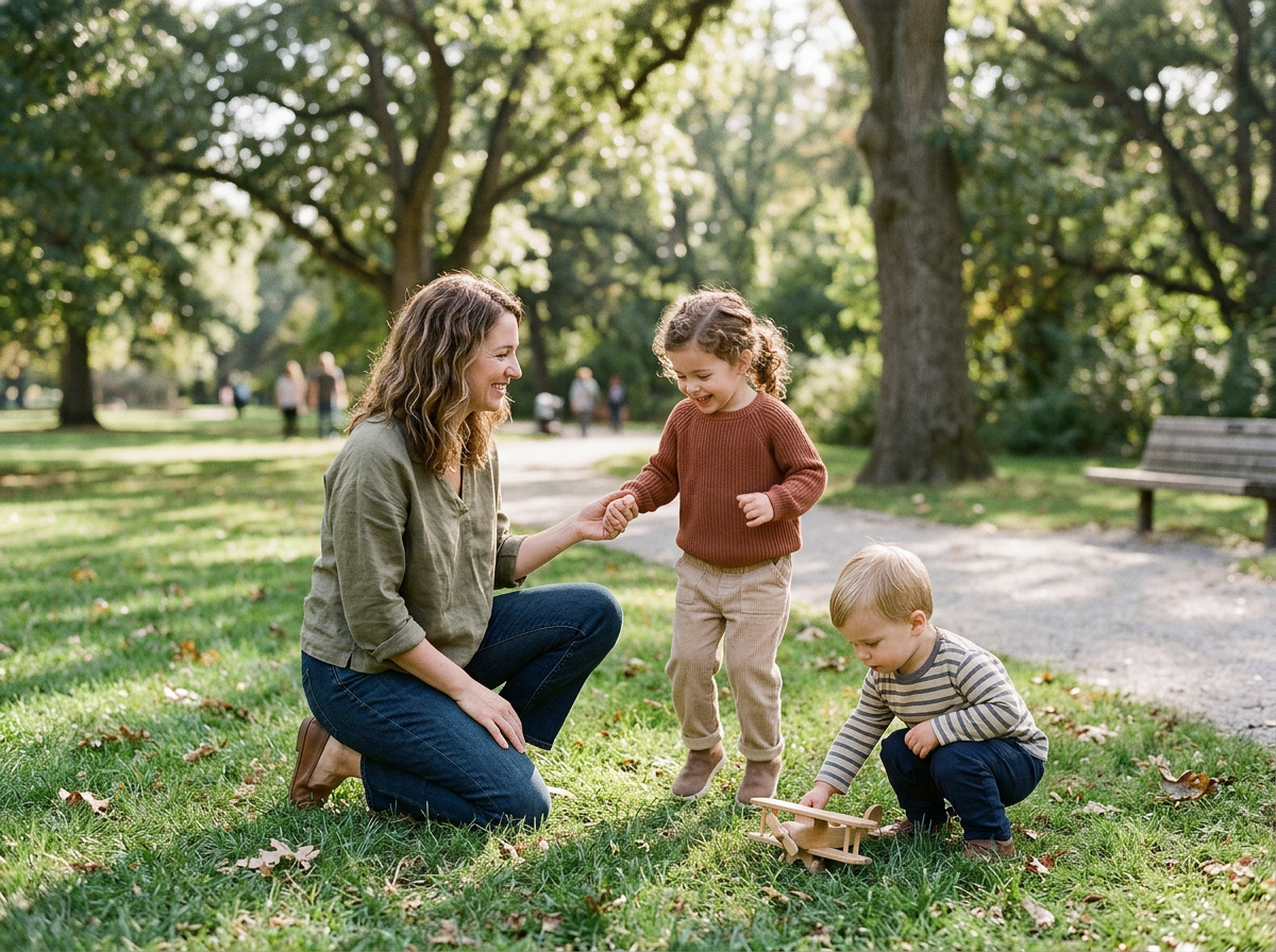 A woman and two children playing on the grass in a park with trees in the background. The woman kneels, holding the hand of a girl in a brown sweater, while the boy with a striped shirt plays with a wooden toy airplane on the ground.