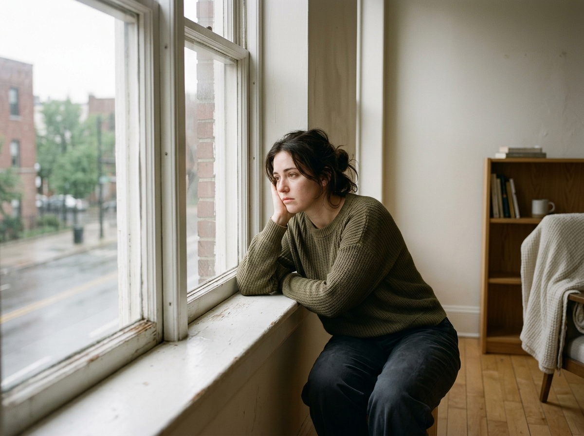 A young woman sitting by a window inside a room, gazing outside with a melancholic expression, resting her face on her hand.