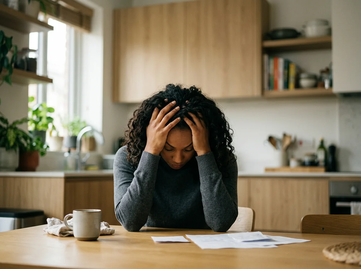 A woman sitting at a kitchen table with her head in her hands, appearing stressed or overwhelmed, with papers and a mug in front of her.