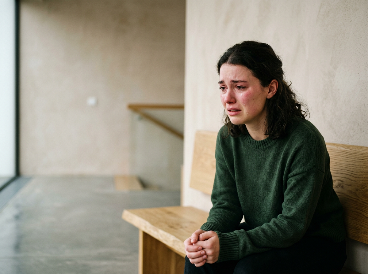 A woman with long dark hair, wearing a green sweater, sitting on a wooden bench, looking upset and crying inside a building.