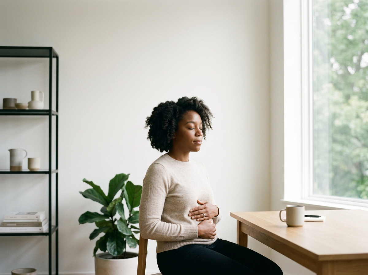 A woman sits at a wooden table with her eyes closed, holding her stomach, appearing to be in discomfort or pain, in a bright room with large window and potted plant.