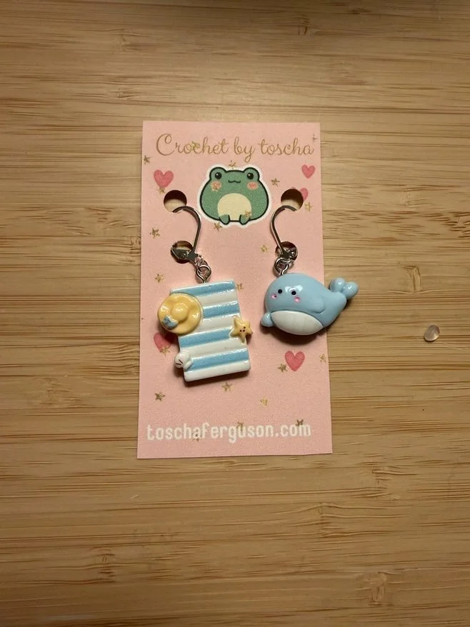Kawaii Beach Towel and quirky whale stitch markers (set of 2)