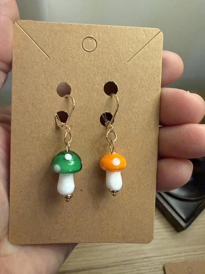 Glass mushroom stitch markers (set of 2) orange and green