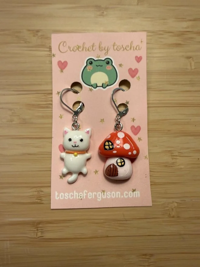 Kawaii white kitty and charming mushroom Stitch Markers (set of 2)