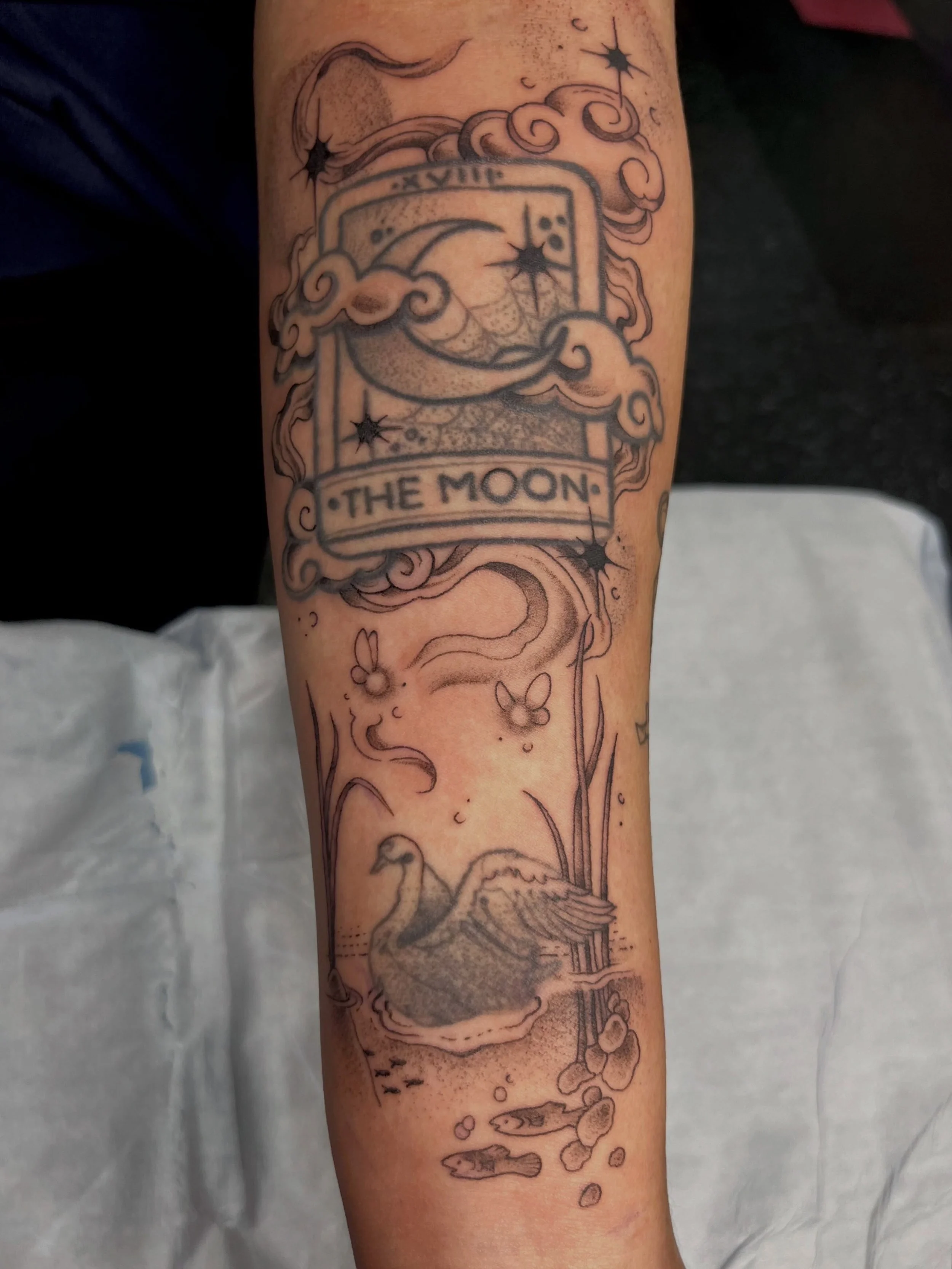 Nicky trusted me to merge their two existing tattoos into a more cohesive scene and we had a blast doing it! Thanks for your continued trust (swan and moon tarot not by me)