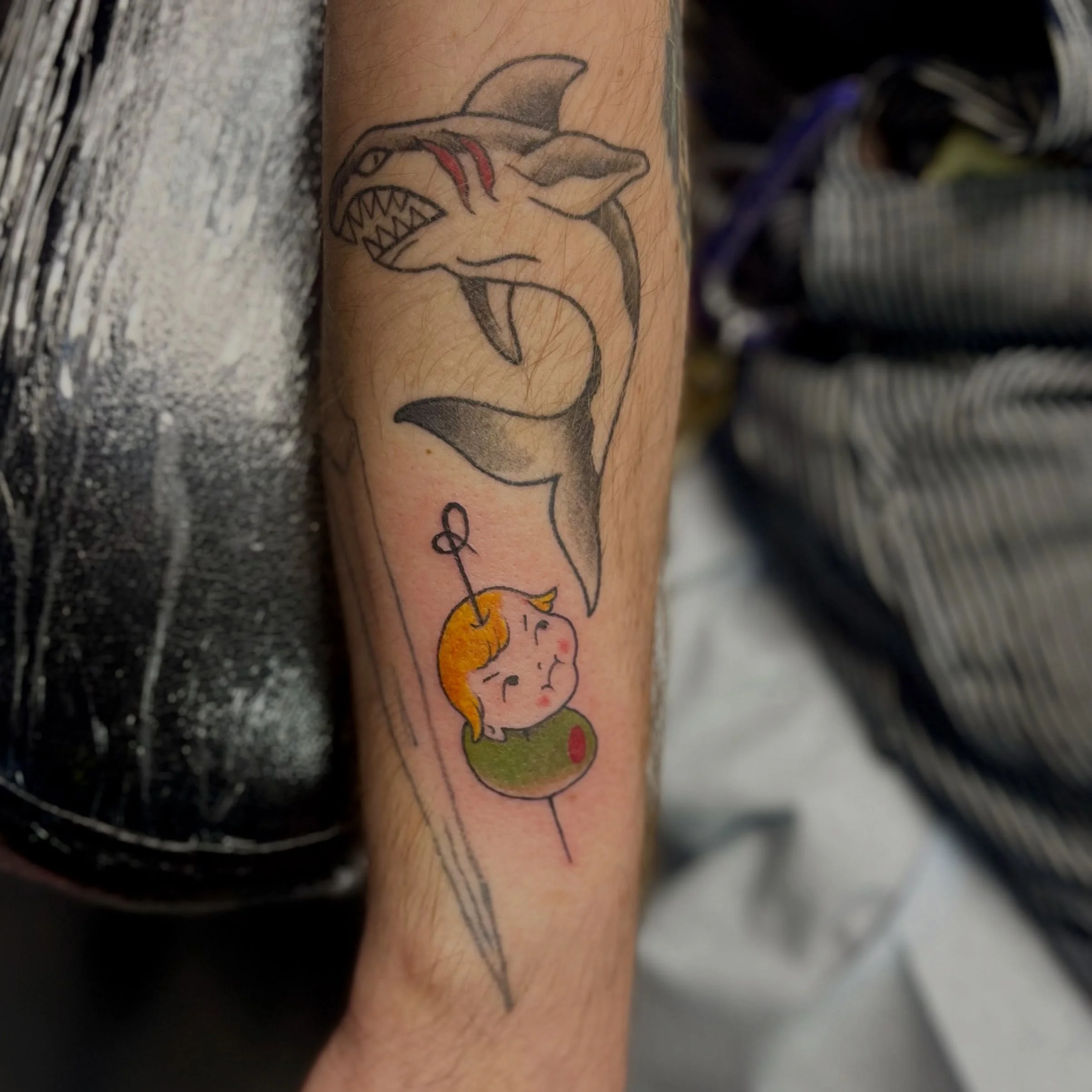 Finally got to tattoo my olive kewpie for a rad repeat client 😍 [longest yeah boi ever] 
P.s. shark above is 6 months healed!!! Thanks for your continued trust ❤️&zwj;🔥
