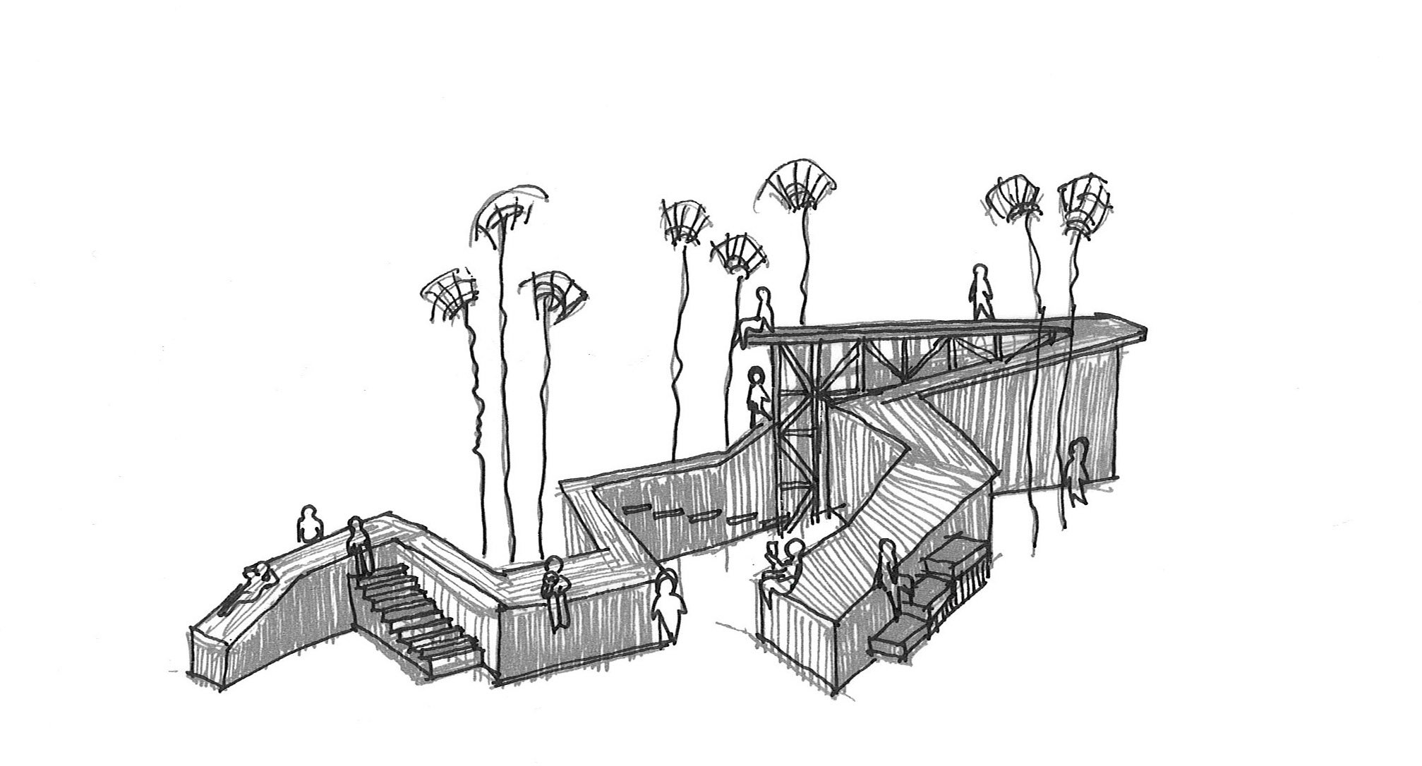Sketch of an outdoor multi-level walkway with stairs, a ramp, and railings, adorned with tall, stylized trees and several people walking or sitting.
