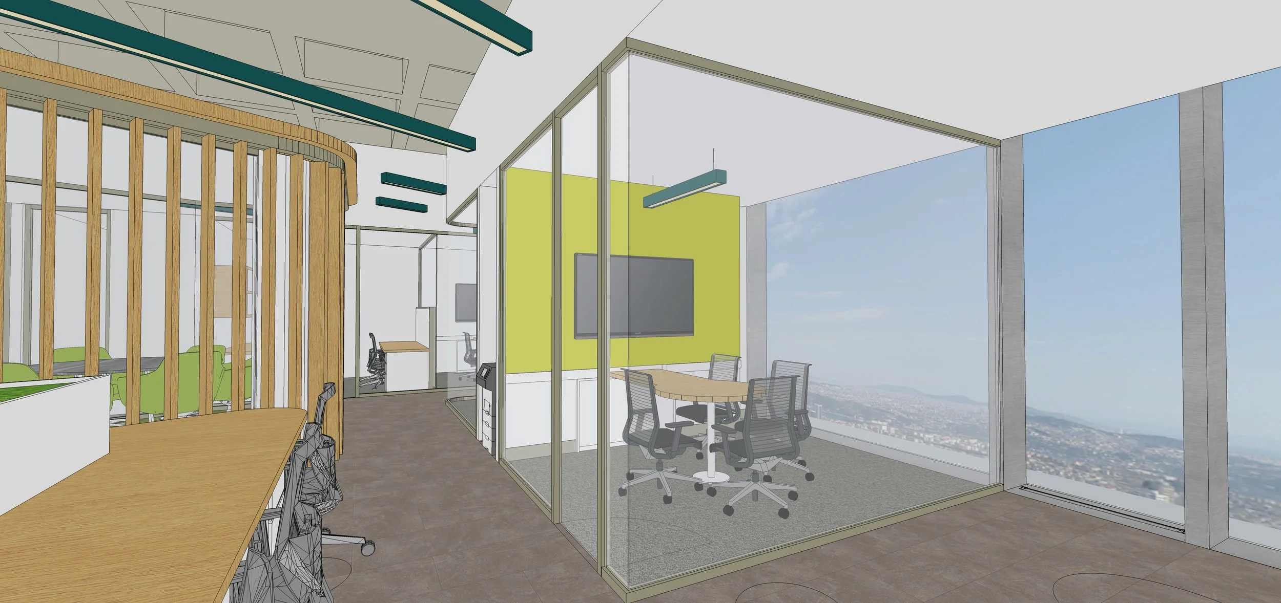 Design sketch of a modern office space with glass-walled conference room showing a round wooden table and chairs, with city skyline view outside.