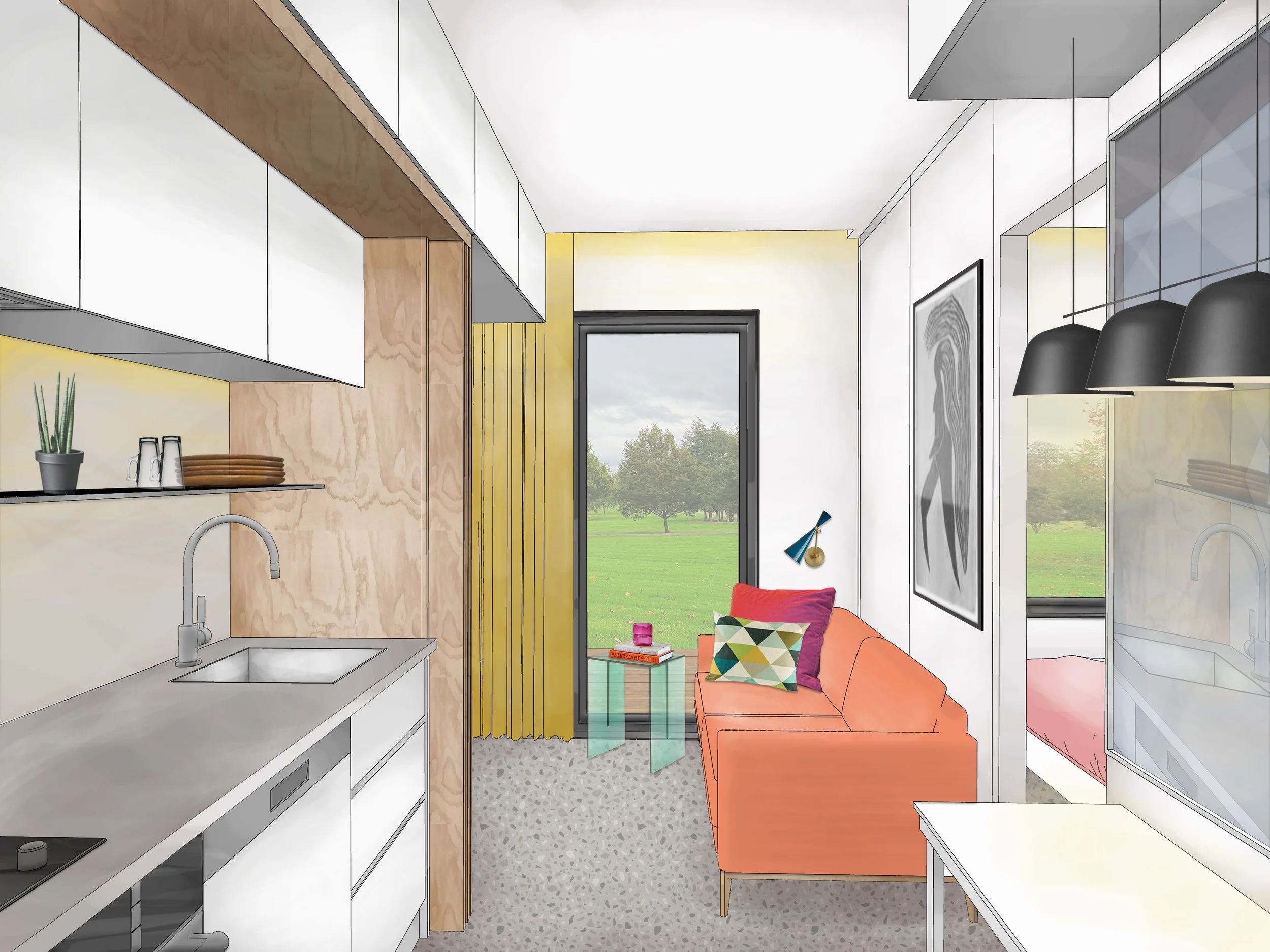 A modern, open-plan kitchen and living area with a gray countertop, white cabinets, a sink, and a black faucet. The space features a peach-colored sofa with patterned pillows, a glass coffee table, a large window with a view of a grassy field and trees, black pendant lights, framed artworks on the walls, and a sliding yellow door.