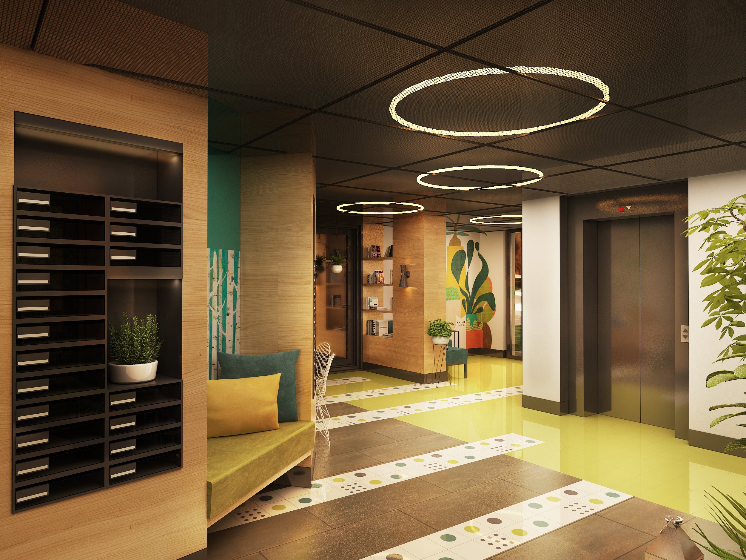 Modern, quirky, and joyful hotel lobby with yellow, brown, and green decor, circular LED ceiling lights, mesh ceiling, elevator doors, and various seating areas with murals.