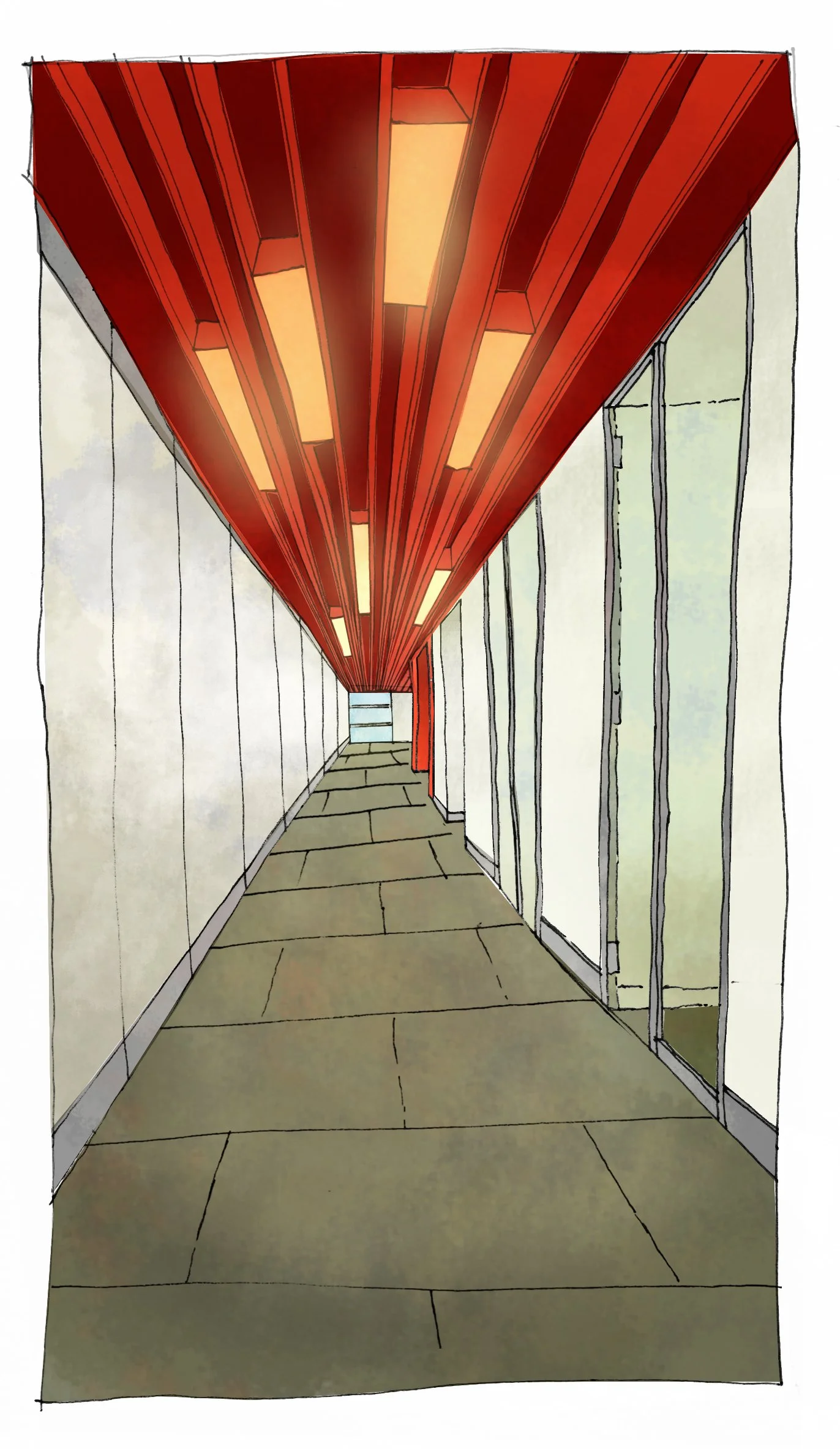 A narrow hallway with a red ceiling and a windowed wall on the right, leading to a door at the end.