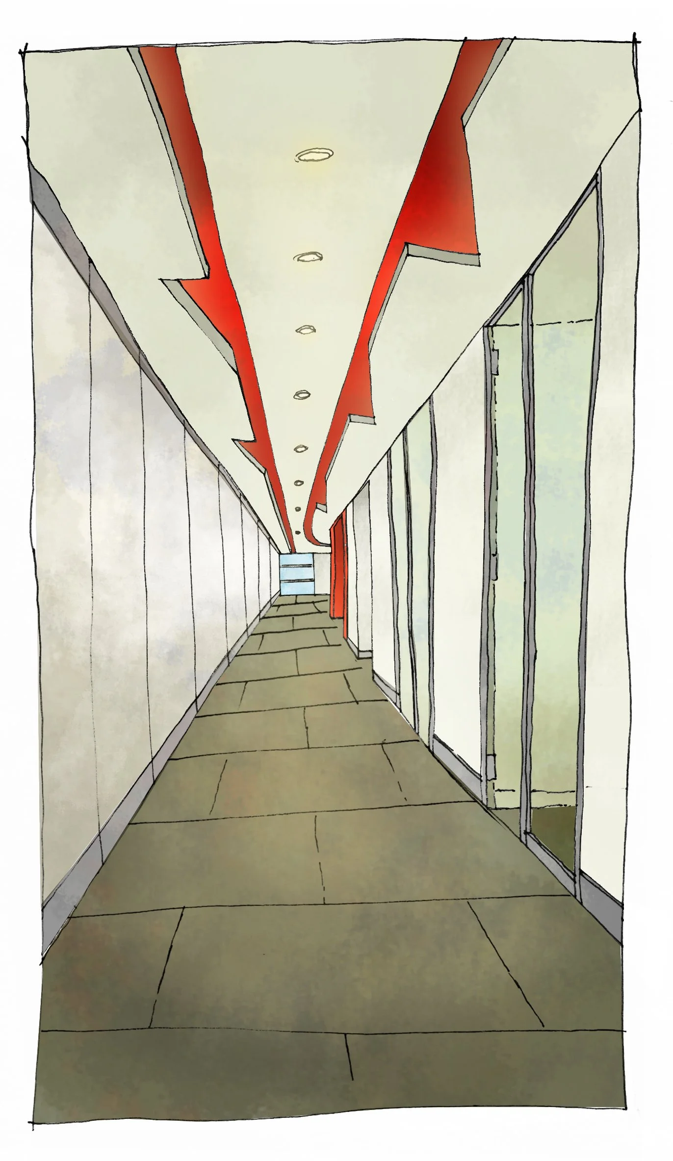 A modern indoor corridor with beige tiled flooring, white walls, glass doors on the right side, and a distinctive red ceiling feature with recessed lighting.