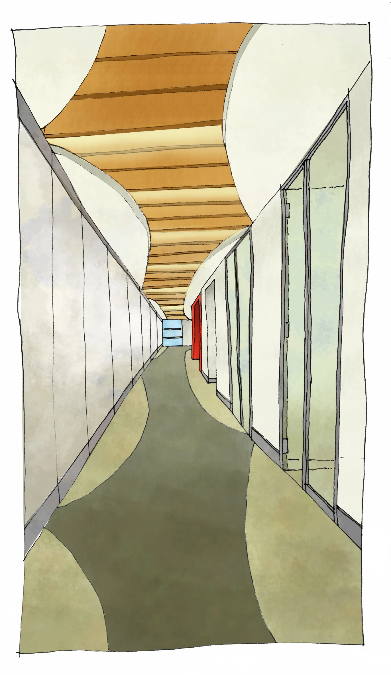 A digitally drawn hallway with curved walls, a wooden ceiling, and a floor with yellowish-green and dark brownish patterns. There is a red door and glass panels on the right side, with a blue door at the end of the hallway.
