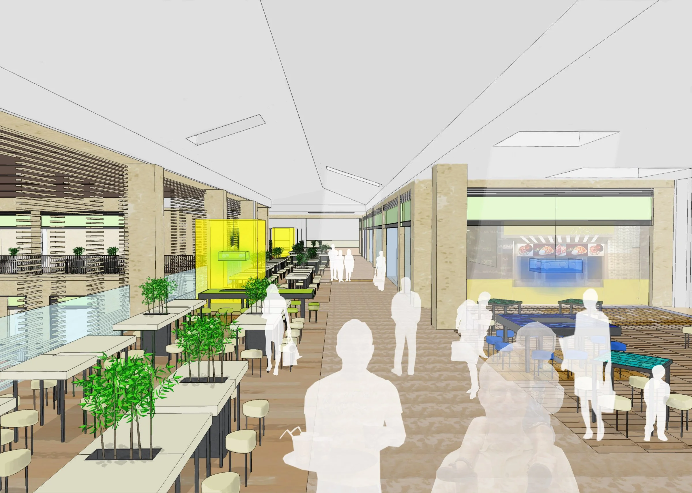 Architectural rendering of a modern indoor-outdoor dining area with seating, green plants, large windows, and a sports bar with a TV.