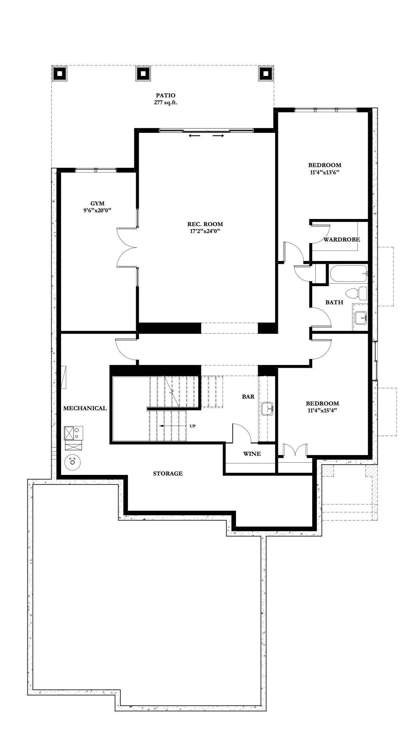 Floor plan of a house featuring a patio, recreation room, two bedrooms, a bathroom, a wardrobe, a bar, wine storage, a mechanical room, and a storage area.