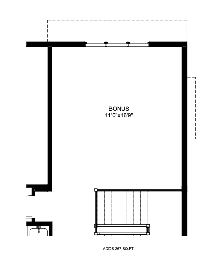 Floor plan of a bonus room measuring 11 feet by 16 feet 9 inches with stairs and a small bathroom.