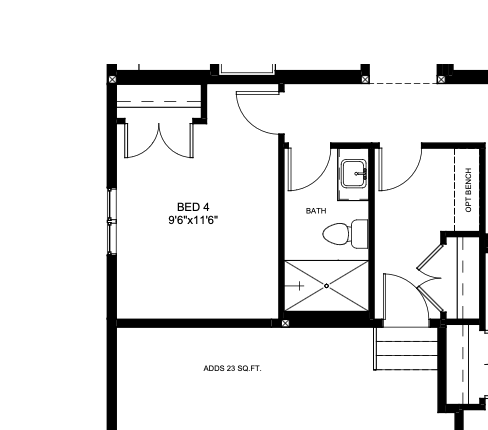 Floor plan showing Bedroom 4, a bathroom, and an office bench area.